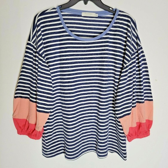 Mododoc Los Angeles Blue & White Striped Boho Color Block Sleeve Top Sz Large - Picture 2 of 8